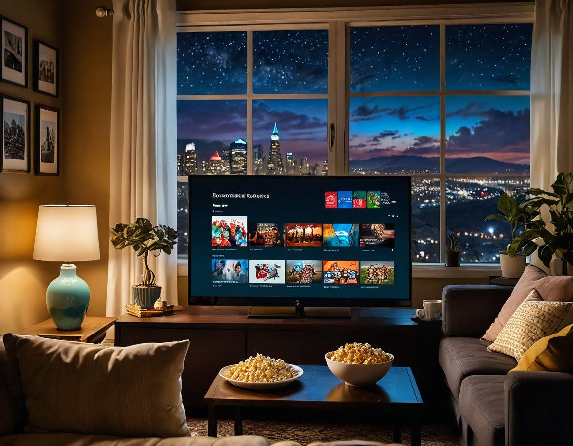 A cozy living room with a plush sofa, a large flat-screen TV displaying various popular TV show thumbnails, a laptop on a coffee table with free streaming websites open, and a popcorn bowl alongside. Illustrate a relaxed person enjoying the selection with hints of a nighttime ambiance through a window. super-realistic. vibrant colors.