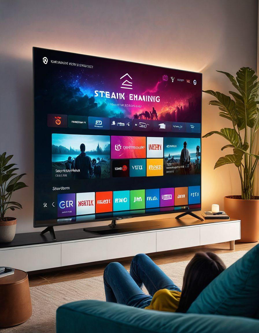 A cozy living room with a large, modern television displaying a popular TV show, surrounded by various streaming devices like a laptop, tablet, and smartphone. A sofa with a person relaxed, enjoying the show, illuminated by the soft, ambient glow of the screen. Icons of well-known streaming services subtly integrated into the design. vibrant colors. super-realistic.