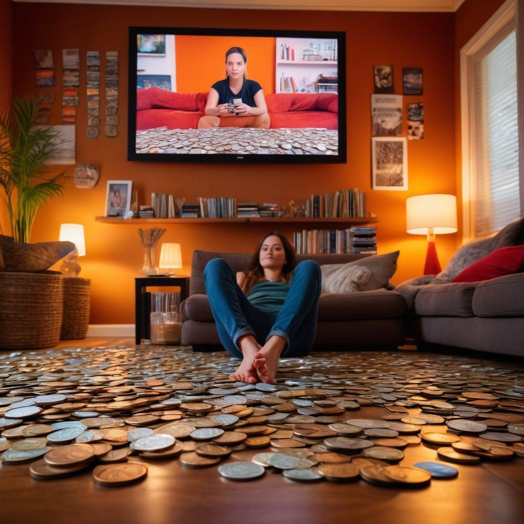 A vibrant scene of a cozy living room with a person comfortably lounging with snacks, enjoying a TV series on a large screen. Surrounding the room, there are piles of coins and bills stacked up neatly, signifying savings. The TV screen displays various thumbnails of popular TV series. super-realistic. vibrant colors. warm lighting.